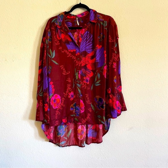 Free People woman button down floral blouse Small chic flowy oversized burgundy - Picture 1 of 10